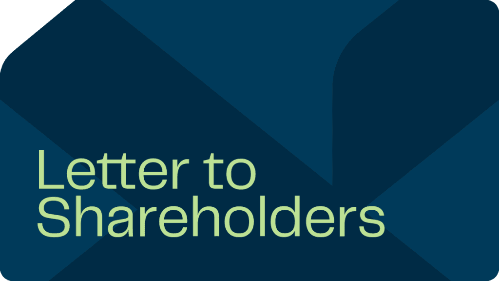 Annual letter to shareholders with financial updates and strategic insights on a dark blue background.