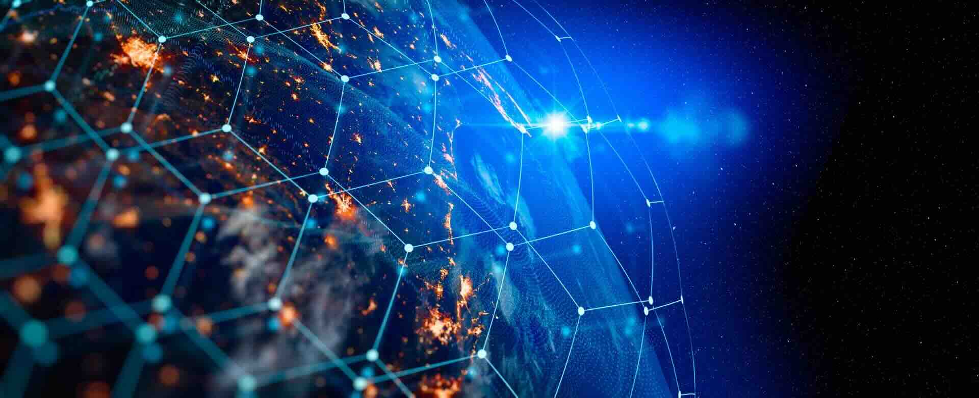 Earth from space with digital network overlay, illustrating global connectivity and technology integration.